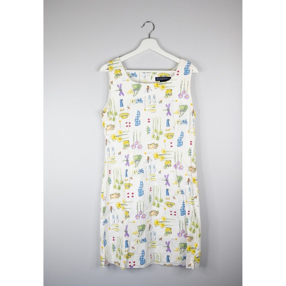 Vtg Eagle's Eye Shift Dress Women 12 White Bug Garden Print Linen Cotton Blend